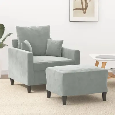 The Living Store Fotelj s stolčkom za noge svetlo siv 60 cm žamet - Kavč S Stolčkom Za Noge