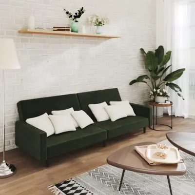 The Living Store Kavč dvosed z ležiščem temno zelen žamet - Raztegljiv Kavč