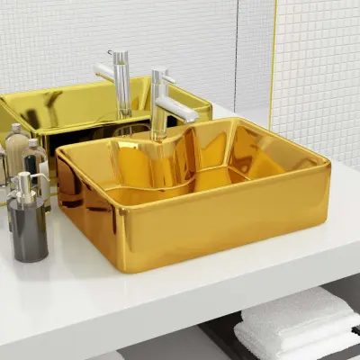 The Living Store Umivalnik z odprtino za pipo 48x37x13,5 cm keramičen zlat - Umivalnik