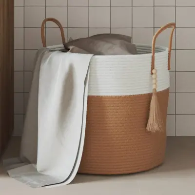 The Living Store Košara za shranjevanje rjava in bela Ø40x35 cm bombaž - Košara Za Shranjevanje
