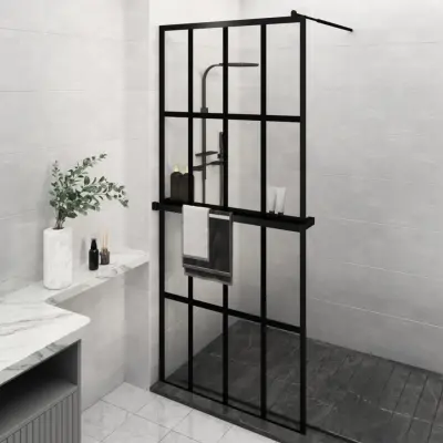 The Living Store Pregrada za tuš s polico črna 90x195 cm ESG steklo in aluminij - Stena Za Tuš