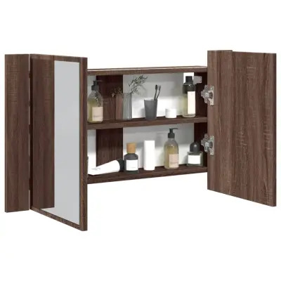 The Living Store LED kopalniška omarica z ogledalom rjavi hrast 80x12x45 akril - LED Omarica Z Ogledalom