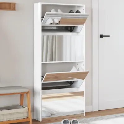The Living Store Omarica za čevlje z ogledalom 4-nadstropna bela 63x17x134 cm - Omarica Za Čevlje