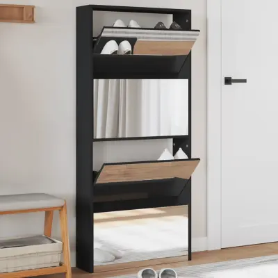 The Living Store Omarica za čevlje z ogledalom 4-nadstropna črna 63x17x134 cm - Omarica Za Čevlje