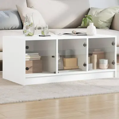 The Living Store Klubska mizica s steklenimi vrati bela 102x50x42 cm - Klubska Mizica