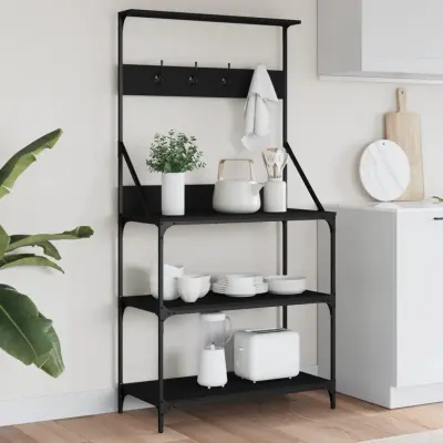 The Living Store Regal za peko s kavlji 4-nadstropni črni inženirski les - Stojalo Za Peko