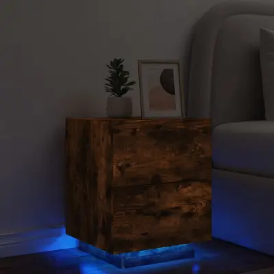 The Living Store Nočna omarica z LED lučkami dimljen hrast inženirski les - Nočna Omarica