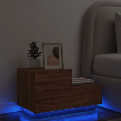 The Living Store Nočna omarica z LED lučkami rjavi hrast 70x36x40,5 cm - Nočna Omarica