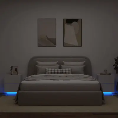 The Living Store Nočna omarica z LED lučkami 2 kosa bel inženirski les - Nočna Omarica