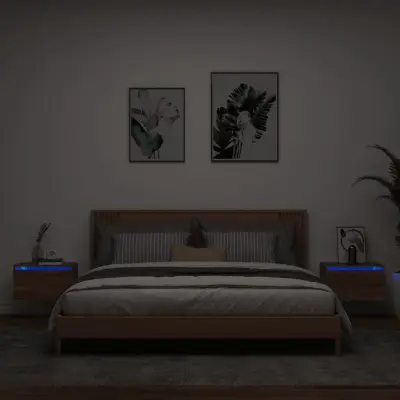 The Living Store Nočna stenska omarica z LED lučkami 2 kosa rjavi hrast - Stenska Nočna Omarica