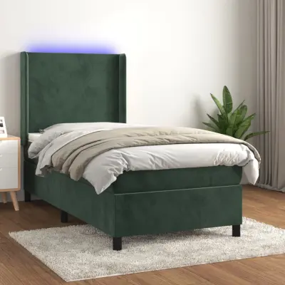 The Living Store Box spring postelja z vzmetnico LED tem. zelena 90x190 cm žamet - Box Spring Postelja