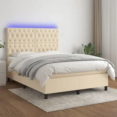 The Living Store Box spring postelja z vzmetnico LED krem 140x190 cm blago - Box Spring Postelja