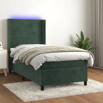 The Living Store Box spring postelja z vzmetnico LED tem. zelena 80x200 cm žamet - Box Spring Postelja