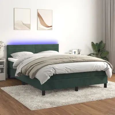 The Living Store Box spring postelja z vzmetnico LED tem. zelena 140x190cm žamet - Box Spring Postelja