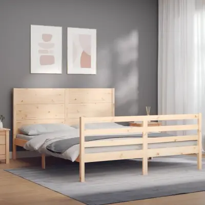 The Living Store Posteljni okvir z vzglavjem 160x200 cm trden les - Posteljni Okvir
