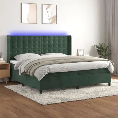 The Living Store Box spring postelja z vzmetnico LED tem. zelena 200x200cm žamet - Box Spring Postelja