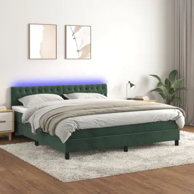The Living Store Box spring postelja z vzmetnico LED tem. zelena 180x200cm žamet - Box Spring Postelja