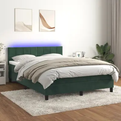 The Living Store Box spring postelja z vzmetnico LED tem. zelena 140x200cm žamet - Box Spring Postelja