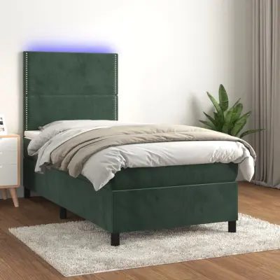 The Living Store Box spring postelja z vzmetnico LED tem. zelena 90x200 cm žamet - Box Spring Postelja