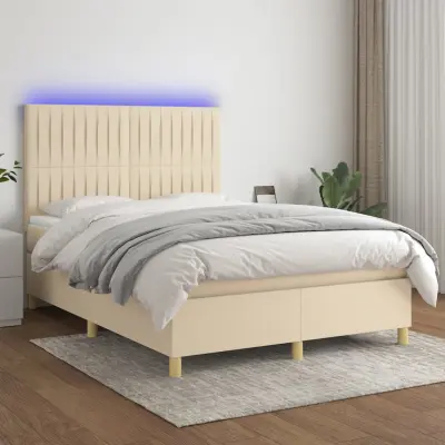The Living Store Box spring postelja z vzmetnico LED krem 140x190 cm blago - Box Spring Postelja