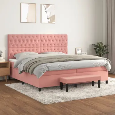 The Living Store Box spring postelja z vzmetnico roza 200x200 cm žamet - Box Spring Postelja