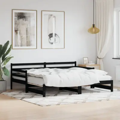 The Living Store Izvlečna dnevna postelja črna 90x200 cm trdna borovina - Izvlečna Dnevna Postelja