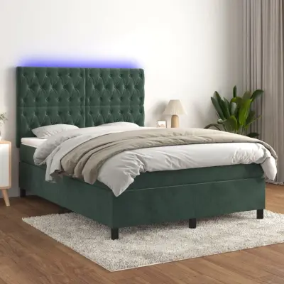 The Living Store Box spring postelja z vzmetnico LED tem. zelena 140x190cm žamet - Box Spring Postelja