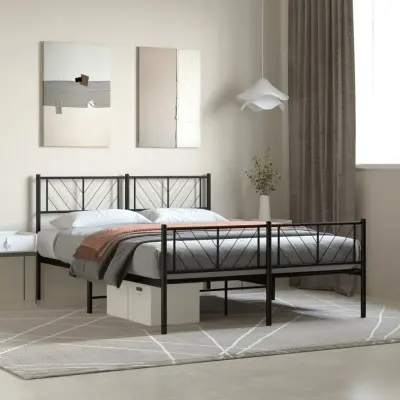 The Living Store Kovinski posteljni okvir z vzglavjem in vznožjem črn 135x190 cm - Kovinski Posteljni Okvir