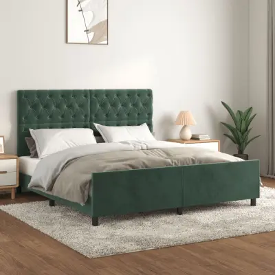 The Living Store Posteljni okvir z vzglavjem temno zelen 160x200 cm žamet - Posteljni Okvir Z Vzglavjem