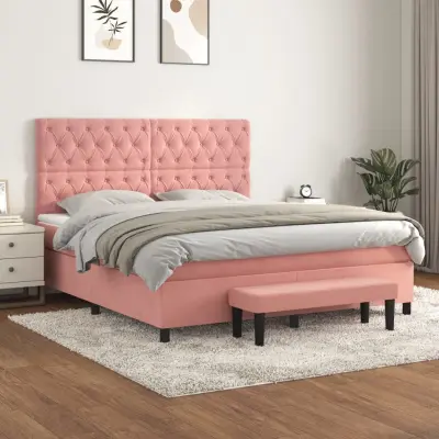 The Living Store Box spring postelja z vzmetnico roza 160x200 cm žamet - Box Spring Postelja