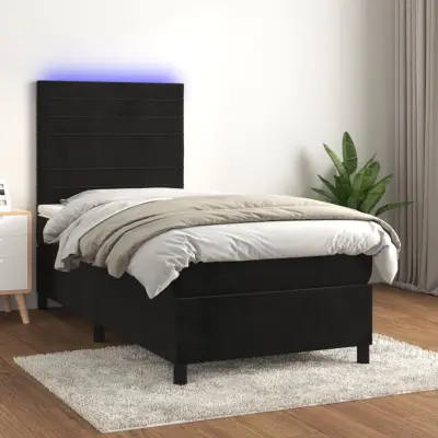 The Living Store Box spring postelja z vzmetnico LED črna 100x200 cm žamet - Box Spring Postelja