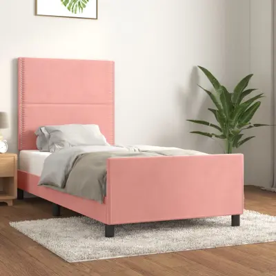 The Living Store Posteljni okvir z vzglavjem roza 90x190 cm žamet - Posteljni Okvir Z Vzglavjem