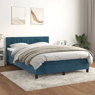 The Living Store Box spring postelja z vzmetnico temno modra 140x190cm žamet - Box Spring Postelja