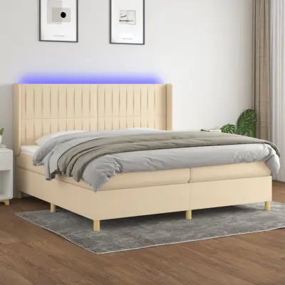 The Living Store Box spring postelja z vzmetnico LED krem 200x200 cm blago - Box Spring Postelja