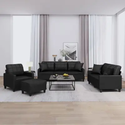 The Living Store Sedežna garnitura z vzglavniki 4-delna črno umetno usnje - Sedežna Garnitura
