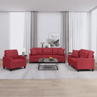 The Living Store Sedežna garnitura z vzglavniki 3-delna vinsko rdeče um. usnje - Sedežna Garnitura