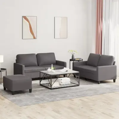 The Living Store Sedežna garnitura 3-delna z blazinami sivo umetno usnje - Sedežna Garnitura