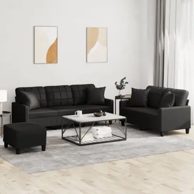 The Living Store Sedežna garnitura z vzglavniki 3-delna črno umetno usnje - Sedežna Garnitura