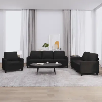 The Living Store Sedežna garnitura 3-delna z blazinami črno umetno usnje - Sedežna Garnitura