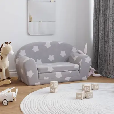 The Living Store Raztegljiv otroški kavč dvosed svetlo siv z zvezdami mehak pliš - Otroški Raztegljiv Kavč