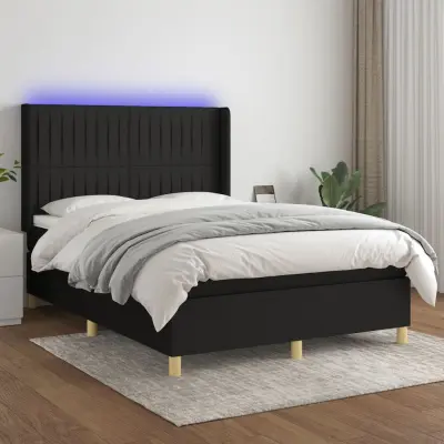 The Living Store Box spring postelja z vzmetnico LED črna 140x200 cm blago - Box Spring Postelja