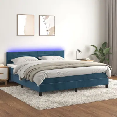 The Living Store Box spring postelja z vzmetnico LED temno modra 180x200cm žamet - Box Spring Postelja