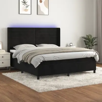The Living Store Box spring postelja z vzmetnico LED črna 160x200 cm žamet - Box Spring Postelja