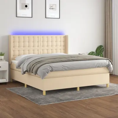 The Living Store Box spring postelja z vzmetnico LED krem 160x200 cm blago - Box Spring Postelja