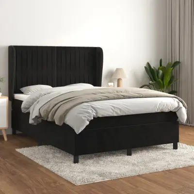The Living Store Box spring posteljni z vzmetnico črn 140x190 cm žamet - Box Spring Postelja