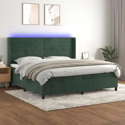The Living Store Box spring postelja z vzmetnico LED tem. zelena 200x200cm žamet - Box Spring Postelja
