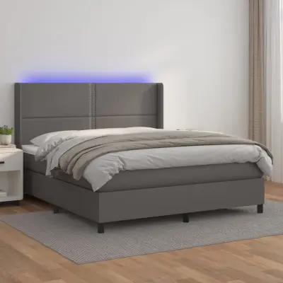 The Living Store Box spring postelja z vzmetnico LED siva 180x200cm umetno usnje - Box Spring Postelja