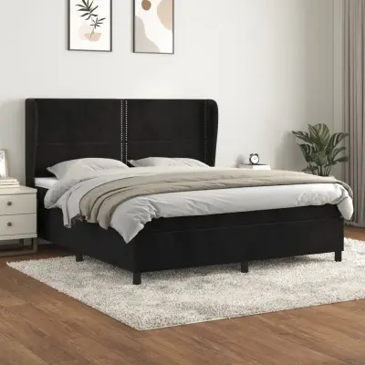 The Living Store Box spring postelja z vzmetnico črna 160x200 cm žamet - Box Spring Postelja