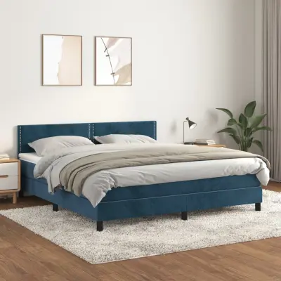 The Living Store Box spring postelja z vzmetnico temno modra 160x200 cm žamet - Box Spring Postelja