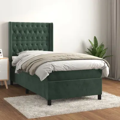 The Living Store Box spring postelja z vzmetnico temno zelen 90x190 cm žamet - Box Spring Postelja